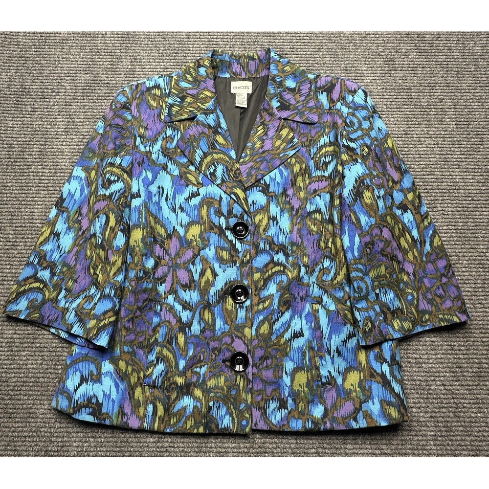 Chicos‎ Blazer Jacket Womens 2 Blue Purple Floral Button Front Lined Stretch